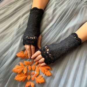Midnight Shadows Handknit Fingerless Med Length Gloves Ombre Grey to Black